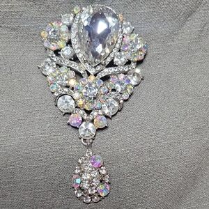 Sparkling Big Bold AB & Silver Rhinestone Brooch Pendant (Bridal, Formal, Glam)